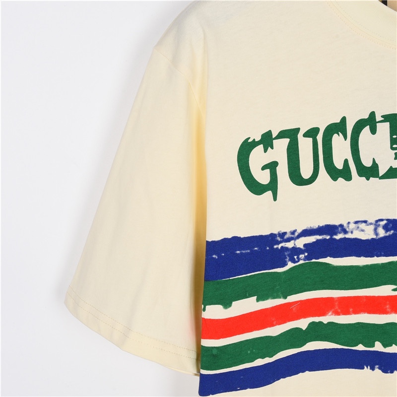 Gucci/古驰 双G条纹手绘涂鸦灵感短袖T恤 黑色 杏色