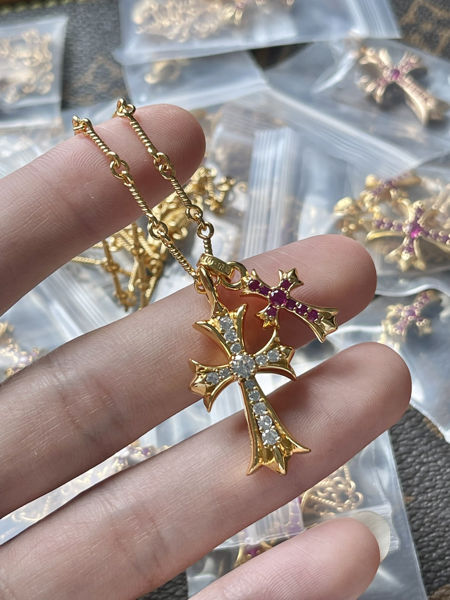 Chrome Hearts 克罗心 双十字架项链白钻 粉钻
