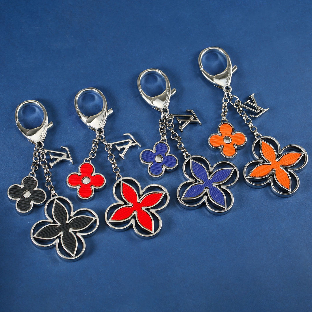 Fashion keychains in black, red, blue, and orange