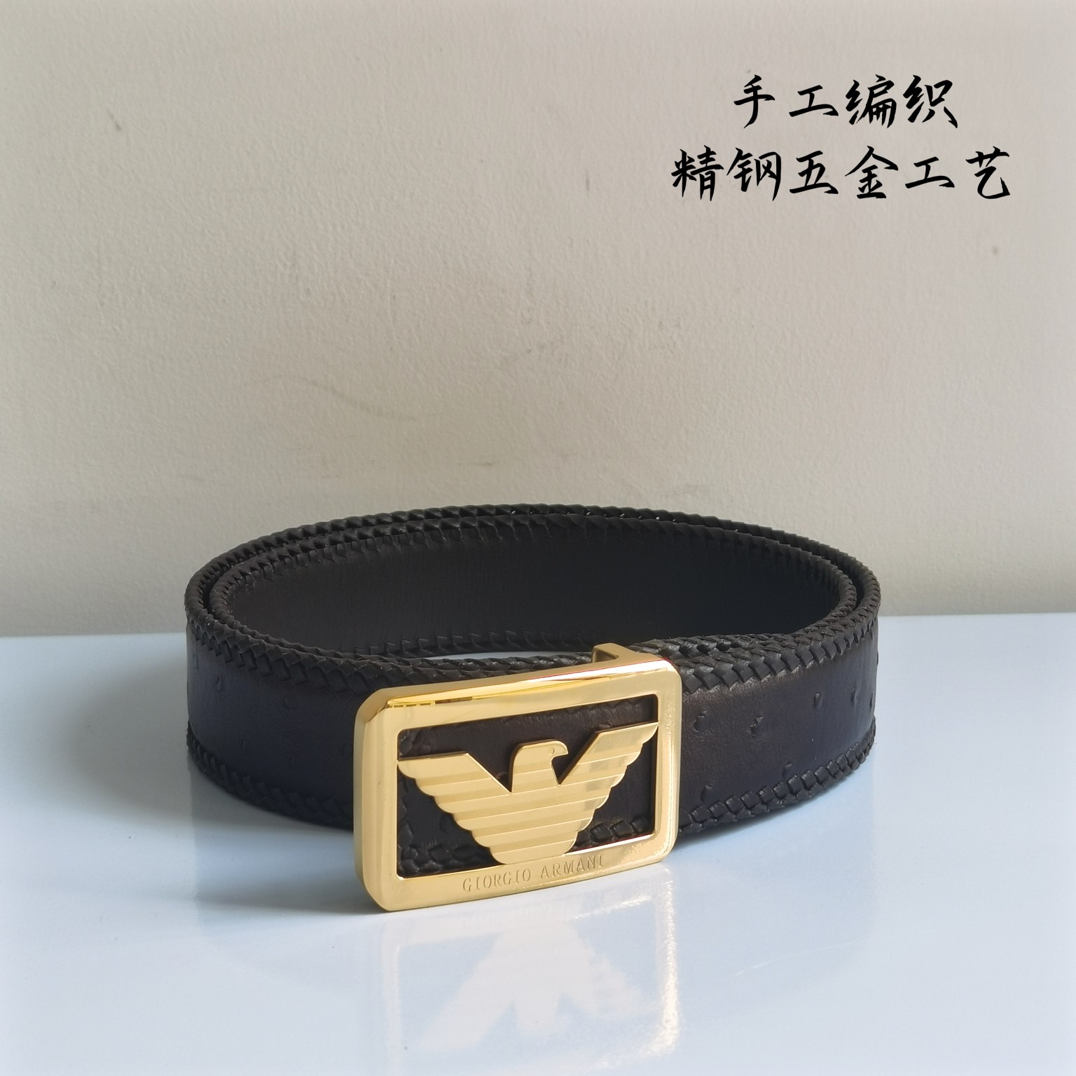 阿玛尼进口纯手工编织小牛皮手工皮带3