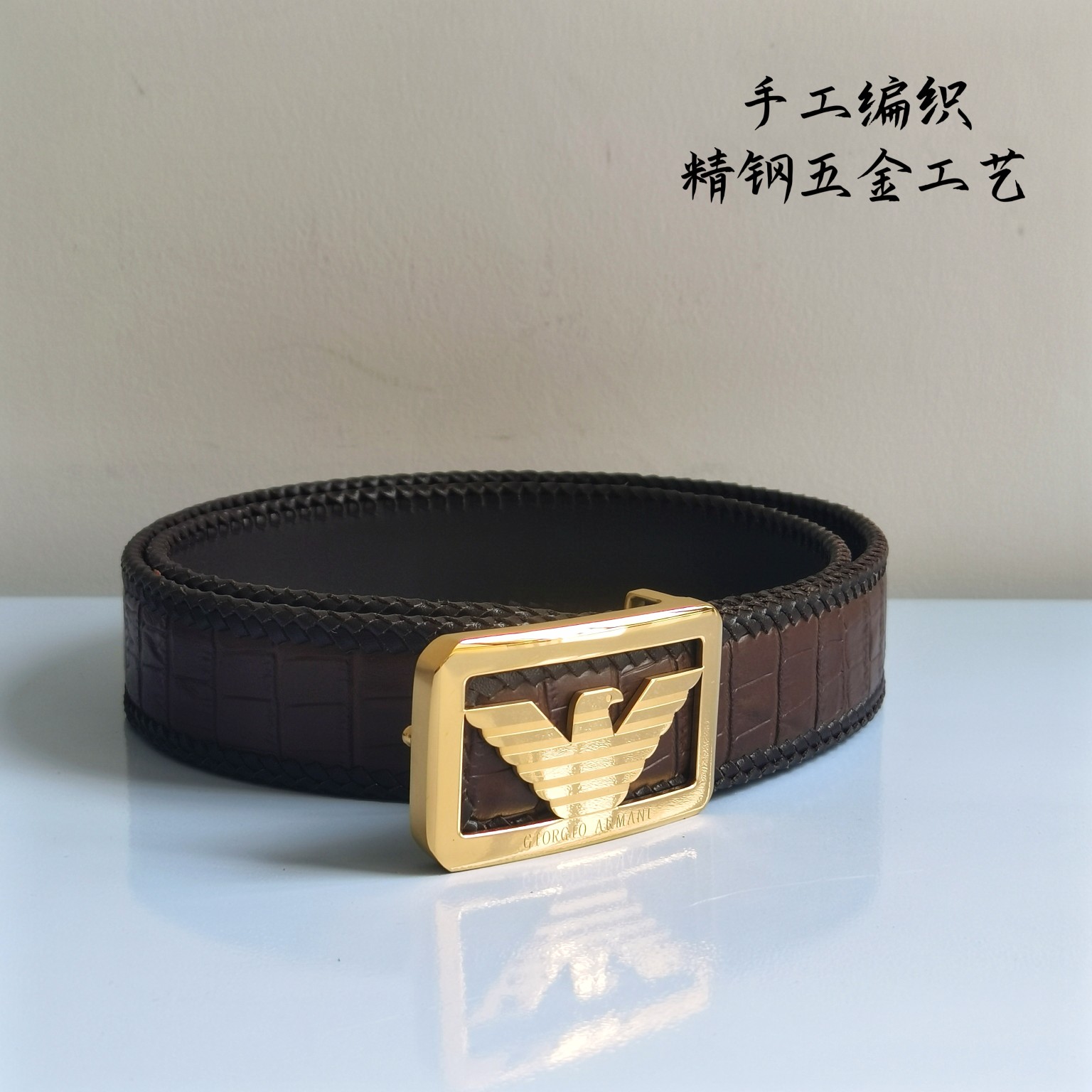 阿玛尼进口纯手工编织小牛皮手工皮带3