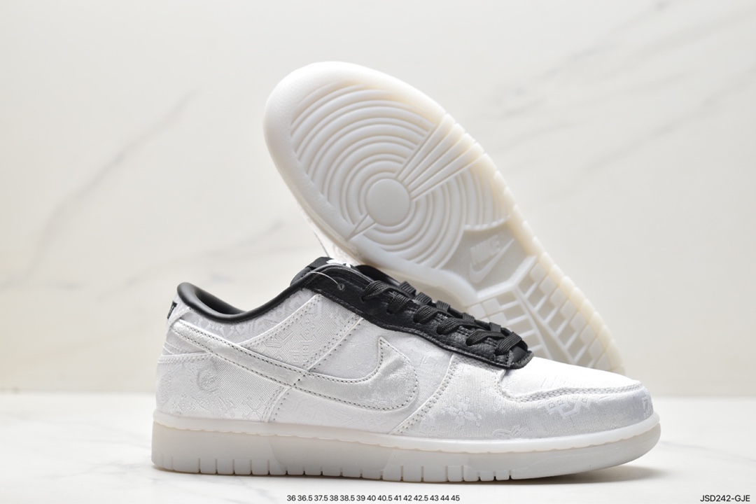 200 Fragment Design x Clot x Nike SB Dunk Low”20th Anniversary/White Silk”扣篮板鞋“联名丝绸白黑刮刮乐” FN0315-100