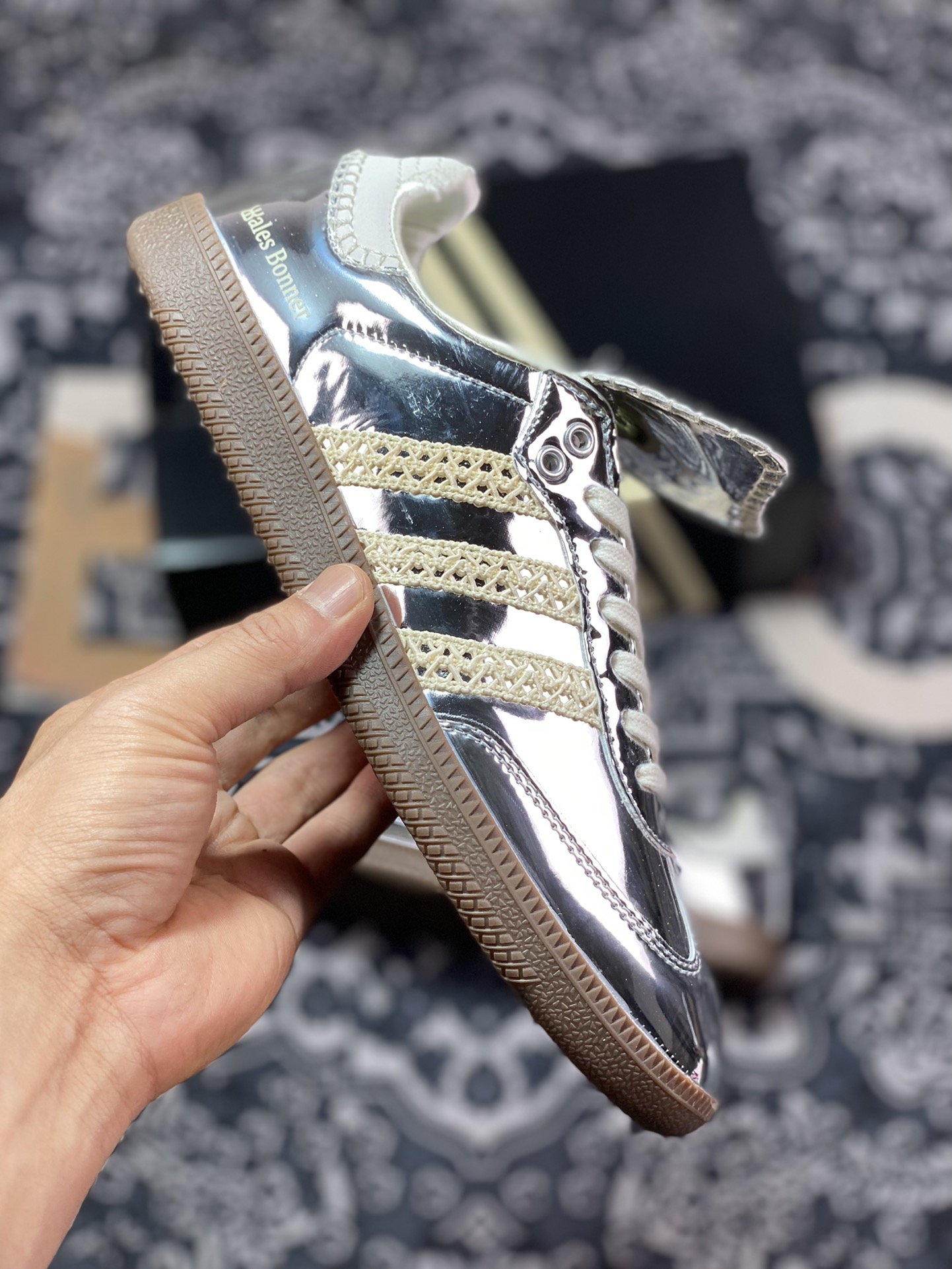 Wales Bonner x Adidas Originals Samba Classic ”Silver Metallic” Samba Dancing Shoes ”Mirror Silver Beige Caramel Bottom” IG8181