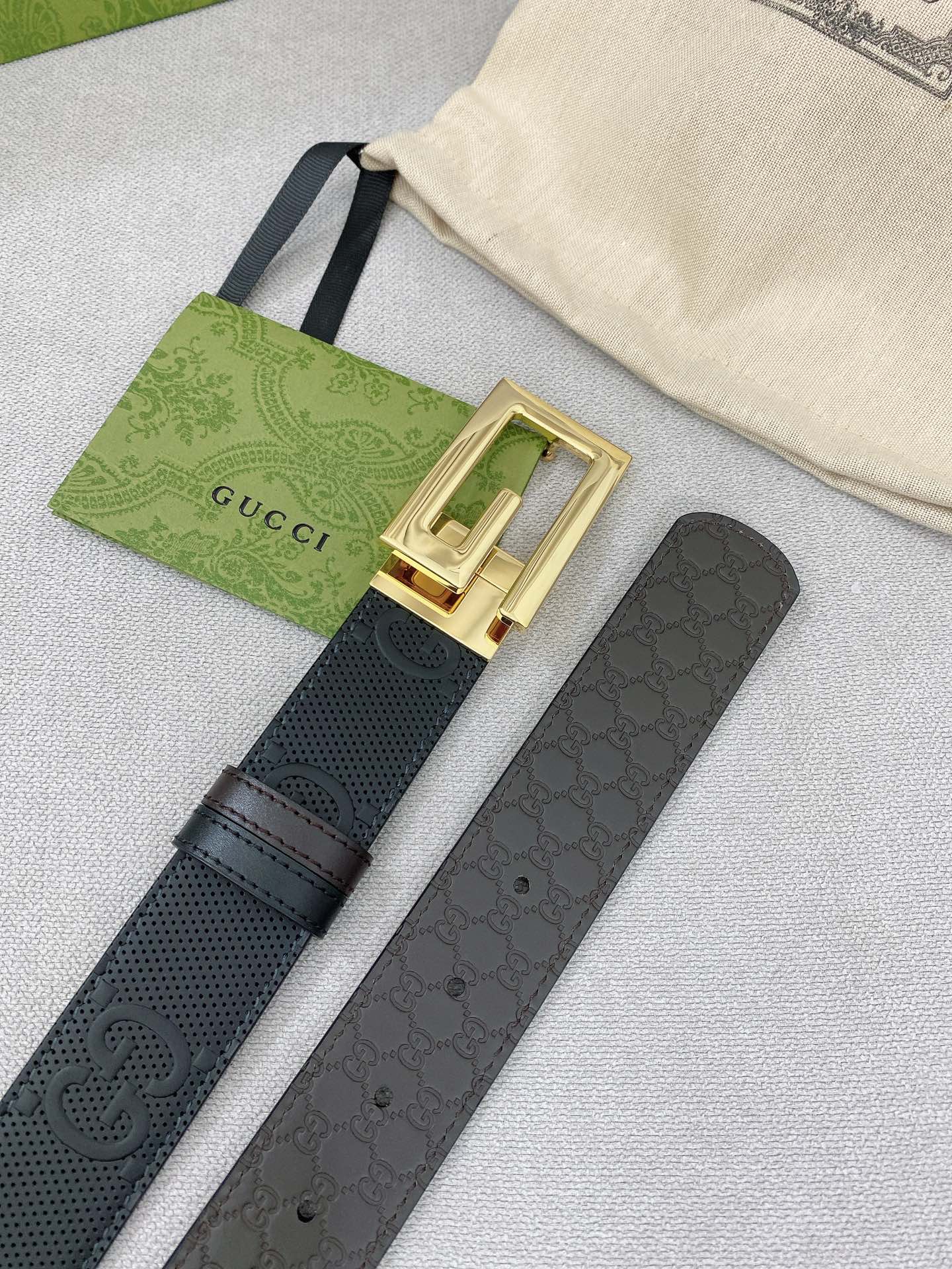 Gucci海外专柜同步新款双面可用原单腰带进口原厂头层牛皮搭配精品旋转扣头宽度3.5cm