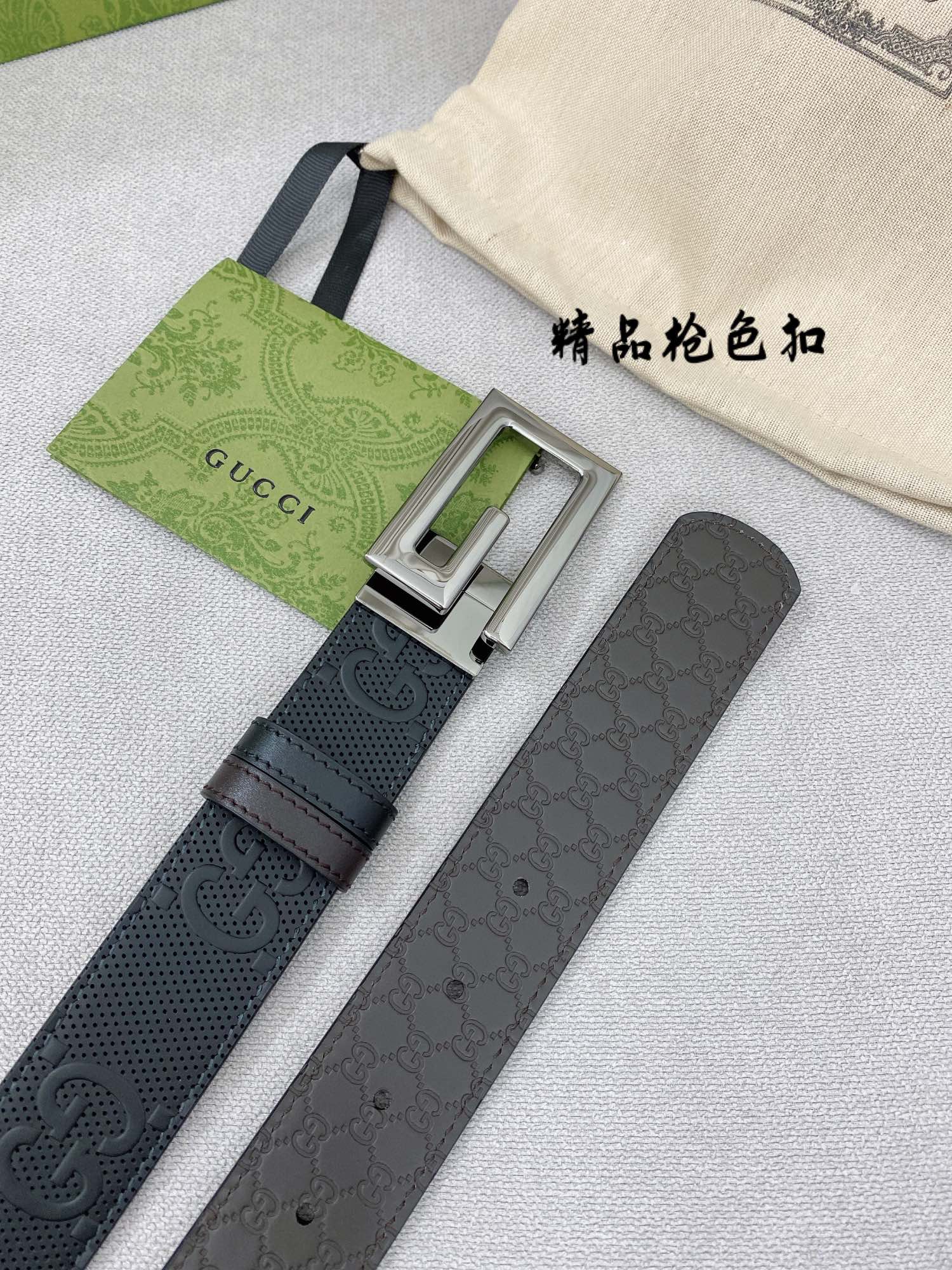 Gucci海外专柜同步新款双面可用原单腰带进口原厂头层牛皮搭配精品旋转扣头宽度3.5cm