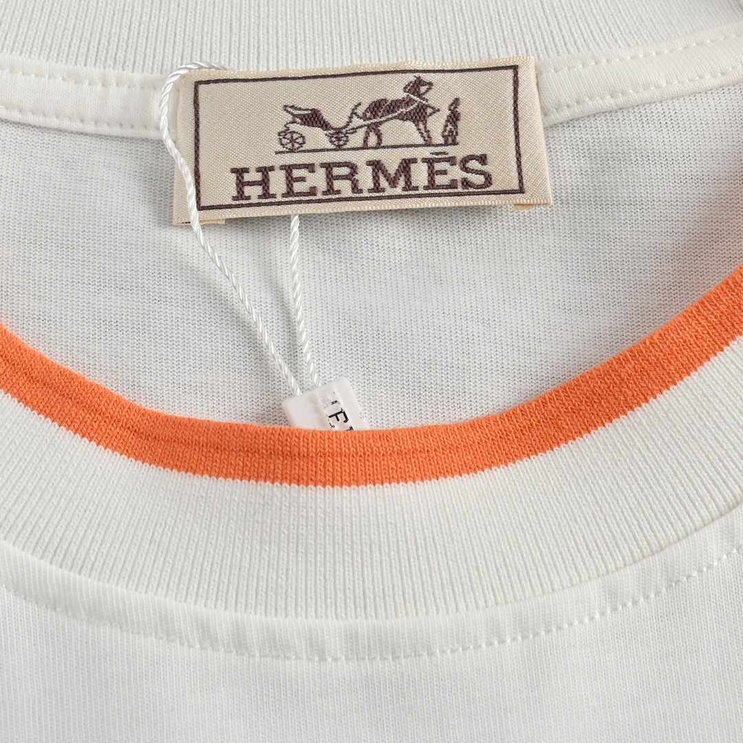 HERMES/爱马仕 经典刺绣橙标短袖 白色