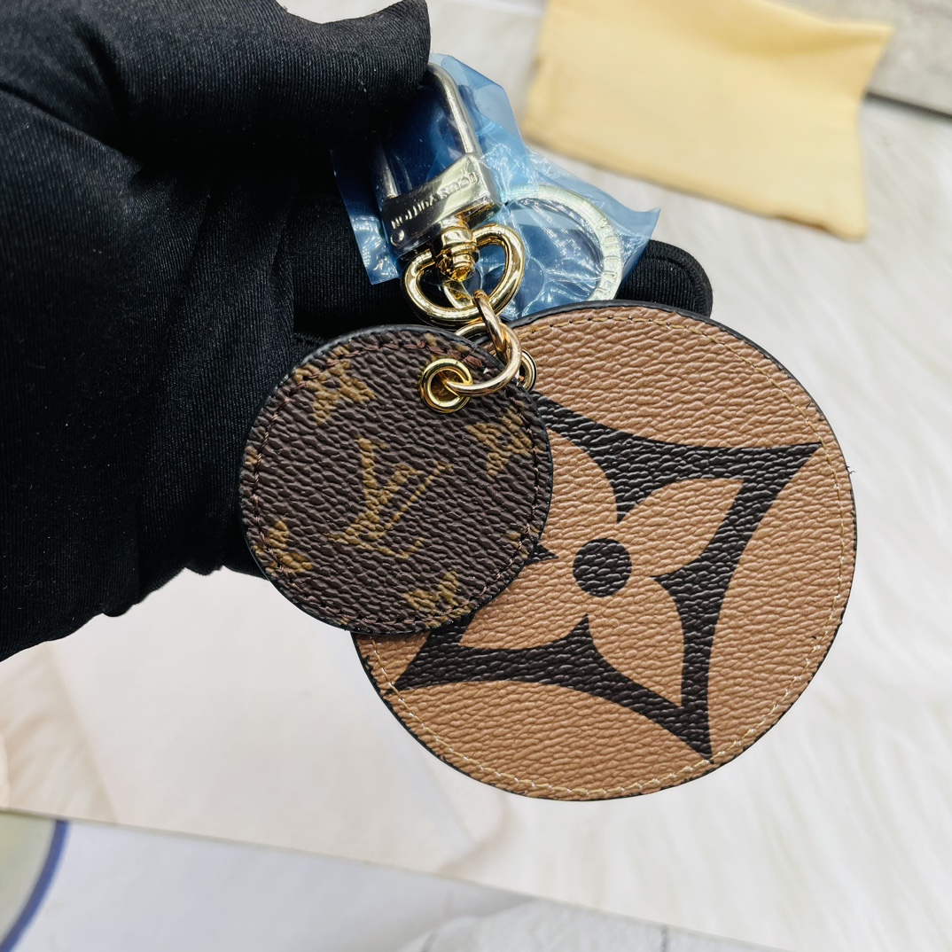 Classic round leather keychain close up of keyring