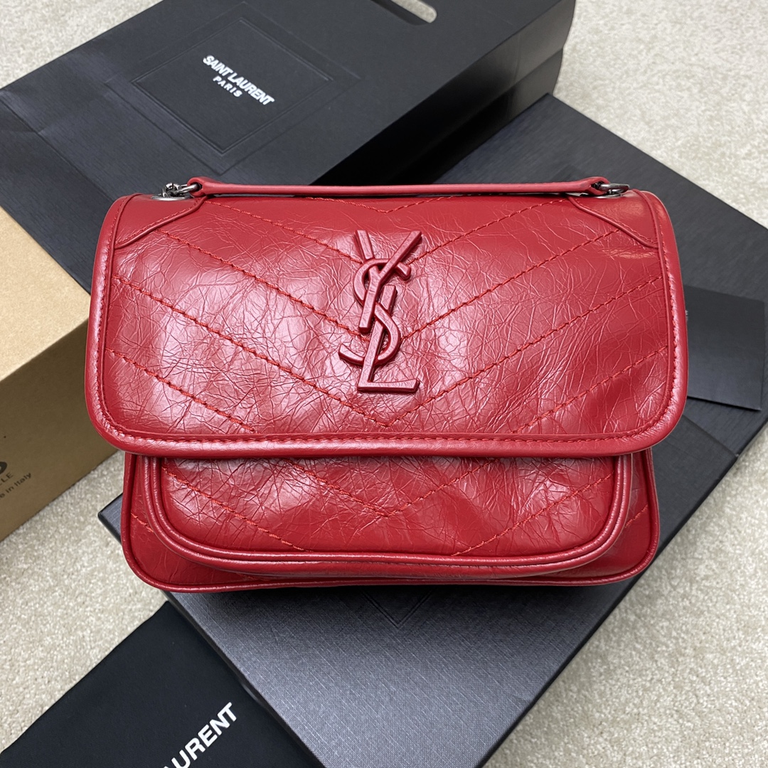 Saint Laurent 22cm油腊红皮/古银 NIKI～22cm 爆裂纹 超多明星 同款