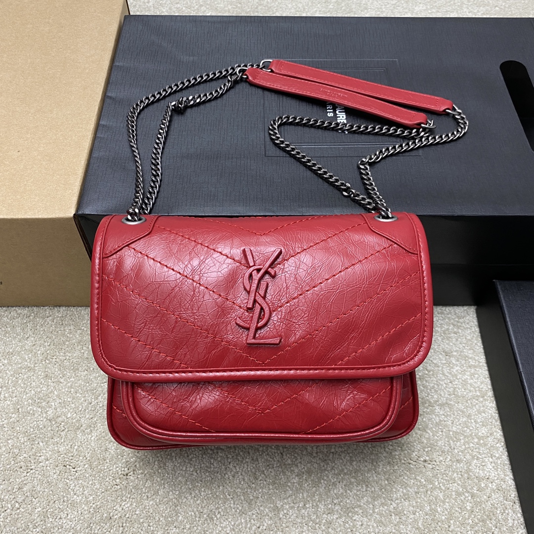 Saint Laurent 22cm油腊红皮/古银 NIKI～22cm 爆裂纹 超多明星 同款
