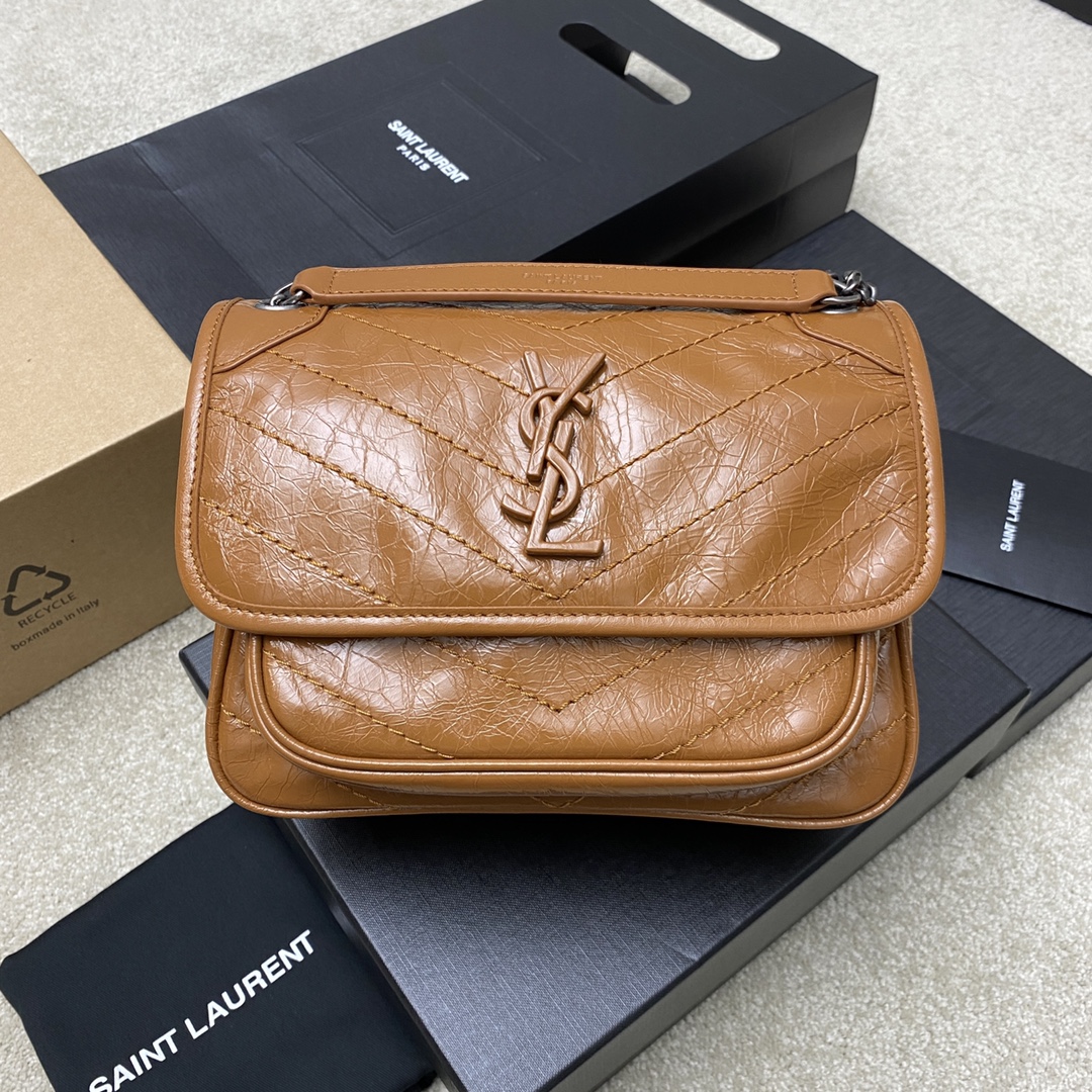 Saint Laurent 22cm油腊棕皮/古银 NIKI～22cm 爆裂纹 超多明星 同款