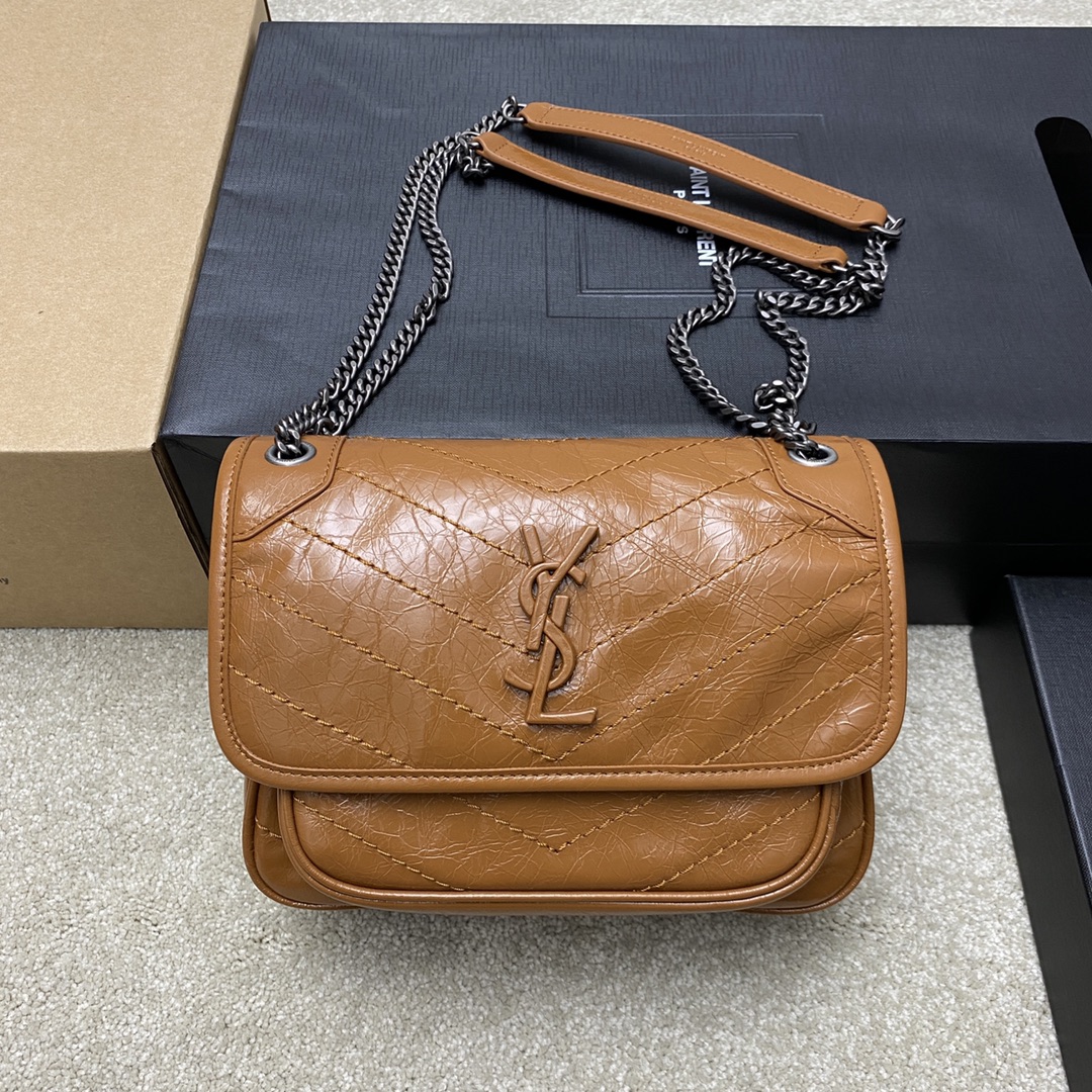 Saint Laurent 22cm油腊棕皮/古银 NIKI～22cm 爆裂纹 超多明星 同款