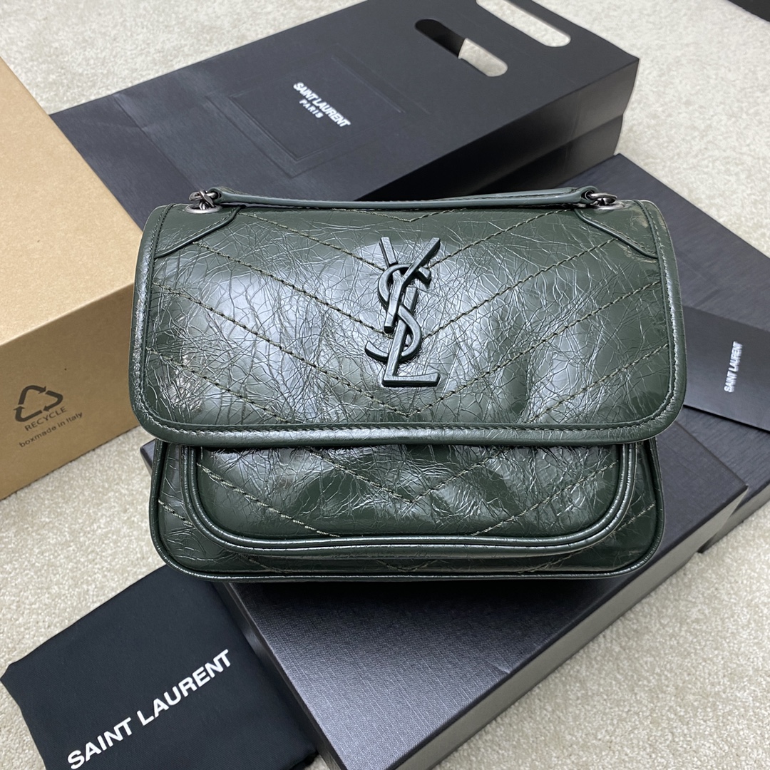 Saint Laurent 22cm油腊祖母绿/古银 NIKI～22cm 爆裂纹 超多明星 同款