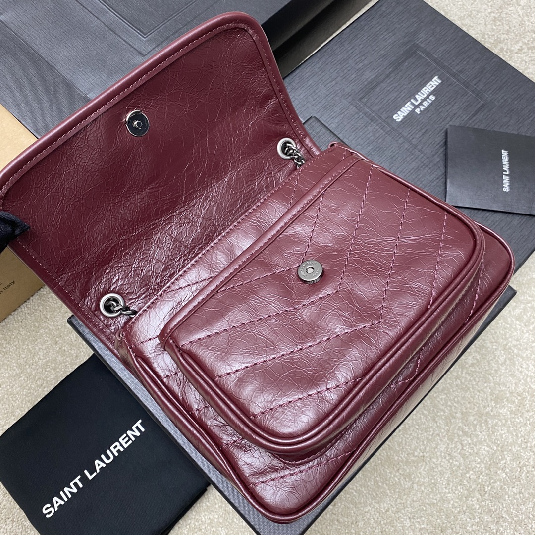 Saint Laurent 22cm油腊酒红/古银 NIKI～22cm 爆裂纹 超多明星 同款