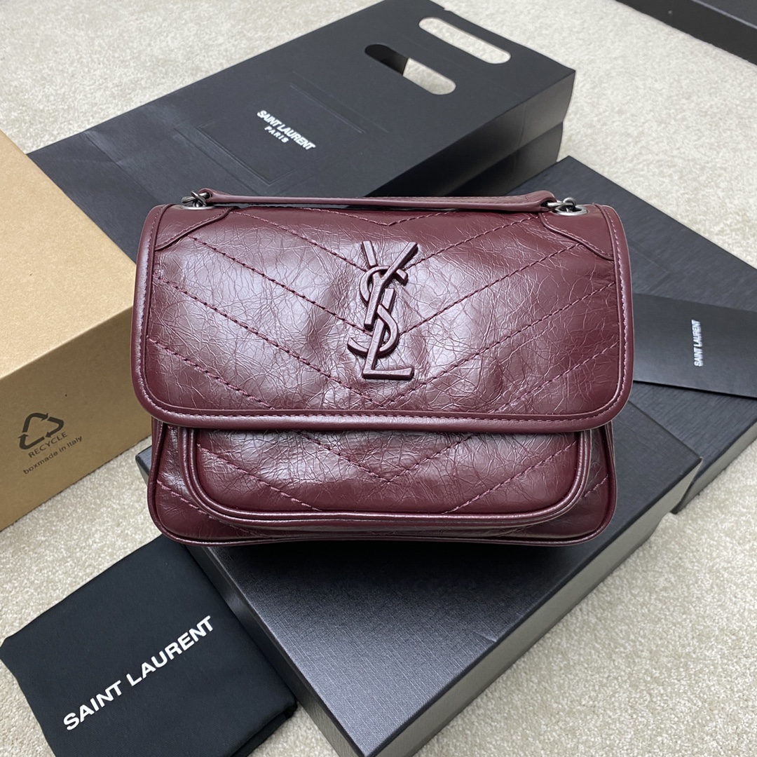 Saint Laurent 22cm油腊酒红/古银 NIKI～22cm 爆裂纹 超多明星 同款