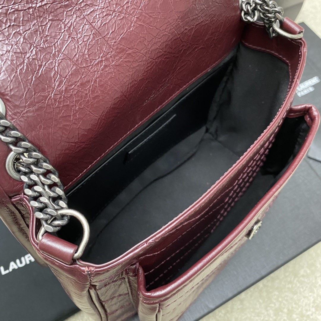 Saint Laurent 22cm油腊酒红/古银 NIKI～22cm 爆裂纹 超多明星 同款