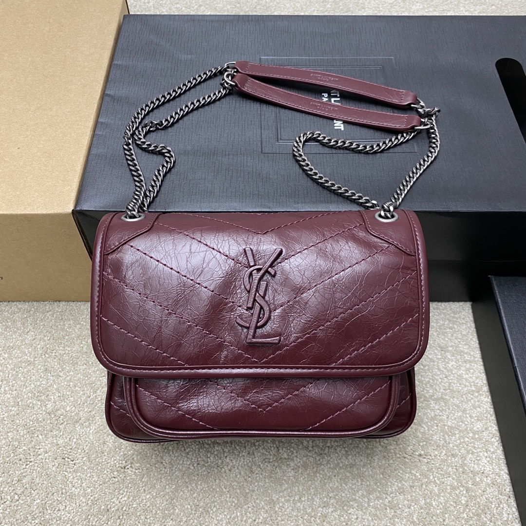 Saint Laurent 22cm油腊酒红/古银 NIKI～22cm 爆裂纹 超多明星 同款