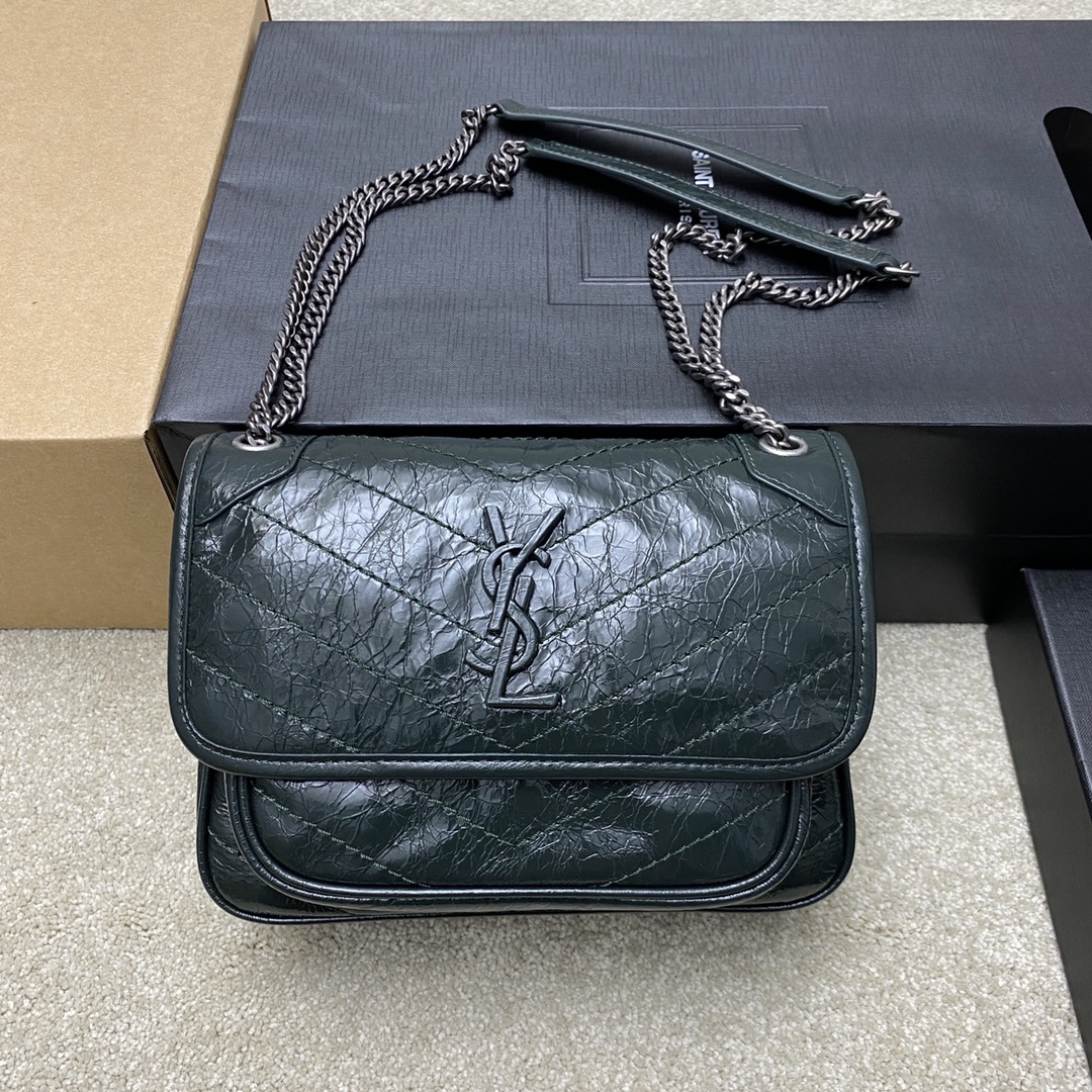 Saint Laurent 22cm油腊墨绿/古银 NIKI～22cm 爆裂纹 超多明星 同款