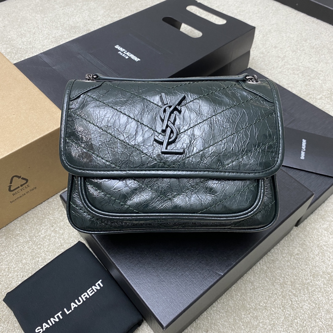 Saint Laurent 22cm油腊墨绿/古银 NIKI～22cm 爆裂纹 超多明星 同款