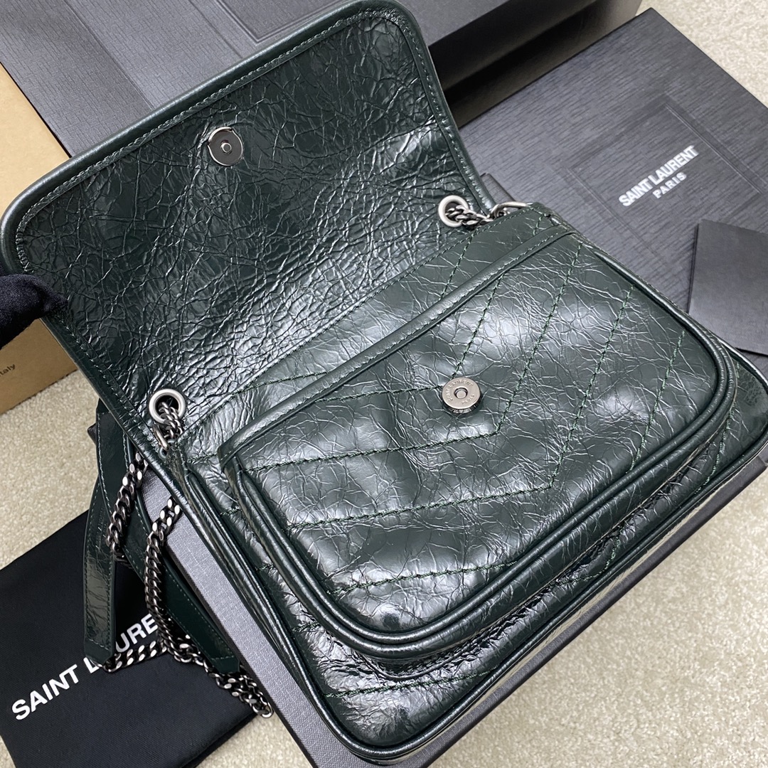 Saint Laurent 22cm油腊墨绿/古银 NIKI～22cm 爆裂纹 超多明星 同款