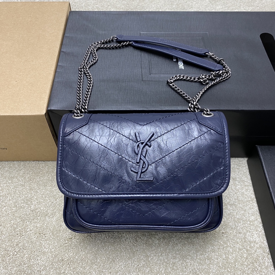 Saint Laurent 22cm油腊宝蓝/古银 NIKI～22cm 爆裂纹 超多明星 同款