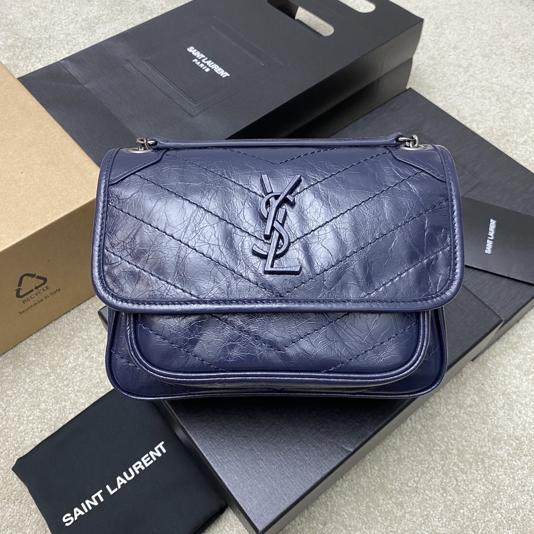 Saint Laurent 22cm油腊宝蓝/古银 NIKI～22cm 爆裂纹 超多明星 同款