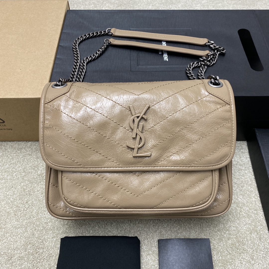 Saint Laurent 28cm油腊杏色/古银 NIKI 爆裂纹 超多明星 同款
