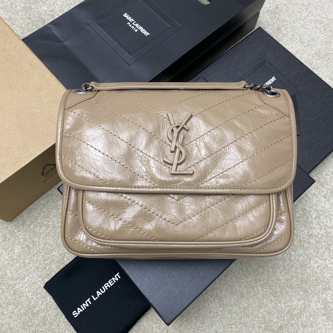 Saint Laurent 28cm油腊杏色/古银 NIKI 爆裂纹 超多明星 同款