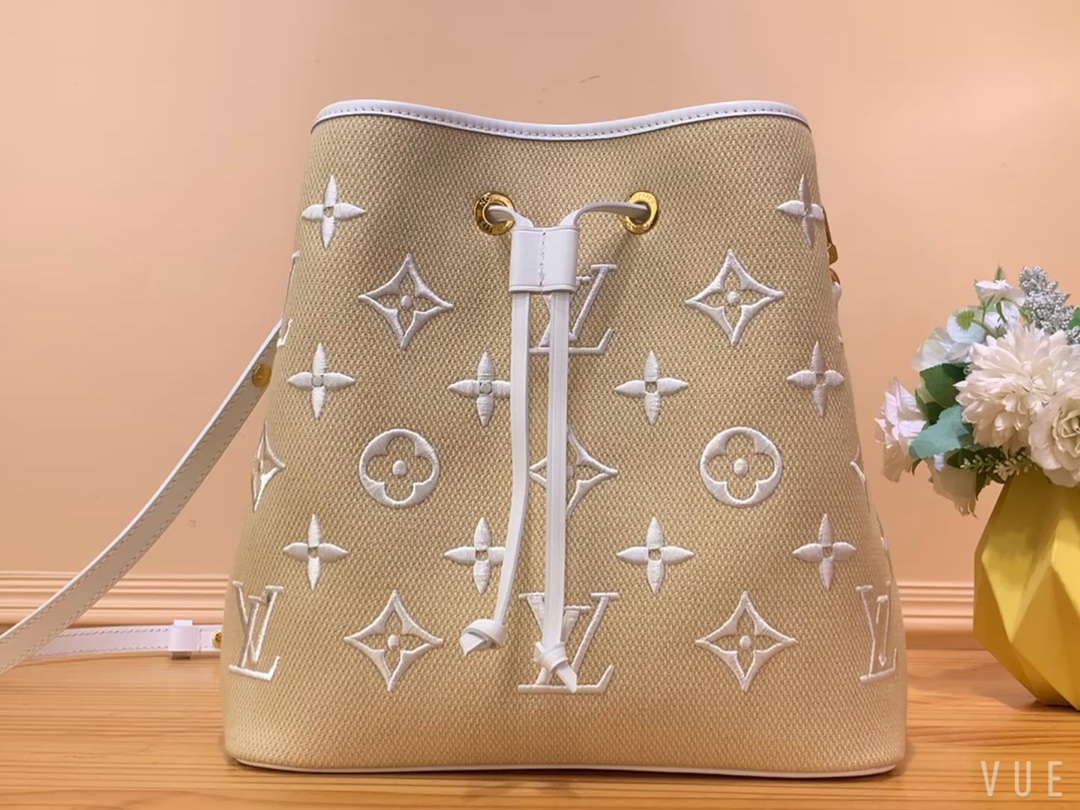 Louis Vuitton Handbags Bucket Bags Apricot Color Embroidery Cotton Raffia Weave Summer Collection Beach m22852