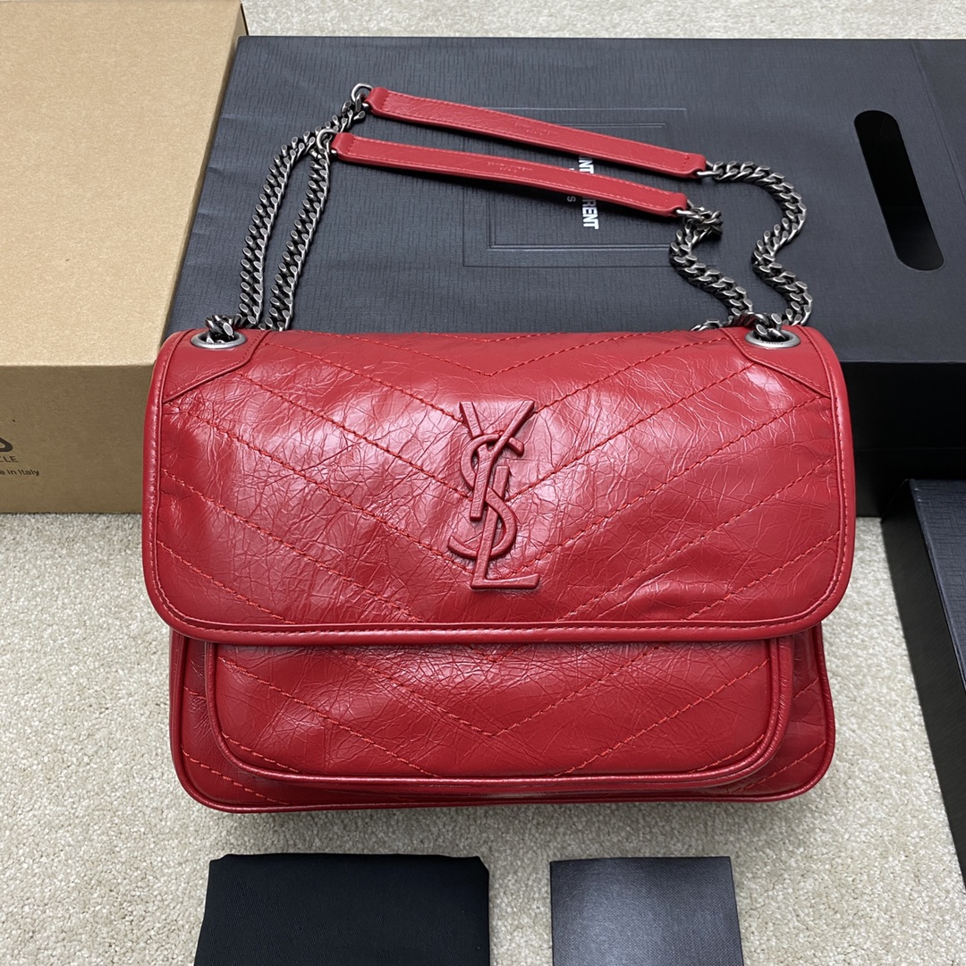 Saint Laurent 28cm油腊红皮/古银 NIKI 爆裂纹 超多明星 同款