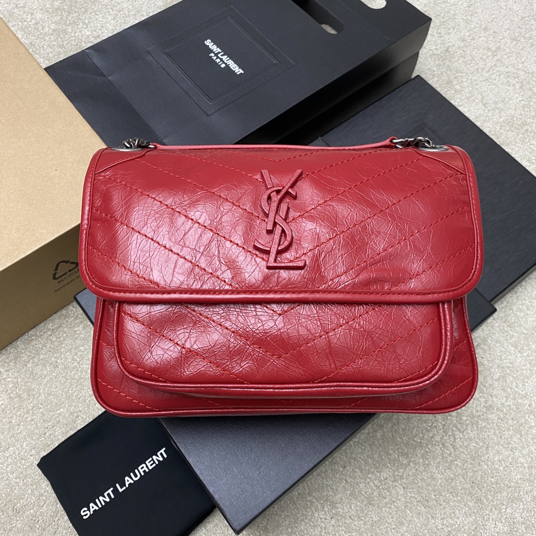 Saint Laurent 28cm油腊红皮/古银 NIKI 爆裂纹 超多明星 同款