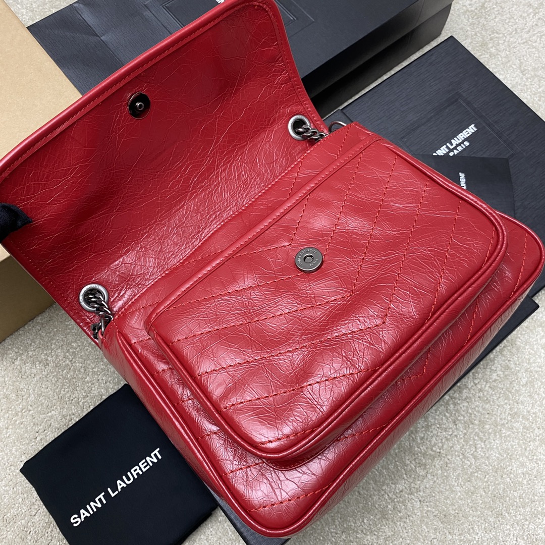 Saint Laurent 28cm油腊红皮/古银 NIKI 爆裂纹 超多明星 同款