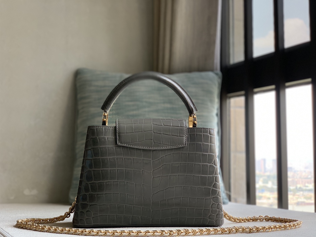 Louis Vuitton LV premium quality original cowhide official N81215 dark gray crocodile pattern woven gold buckle