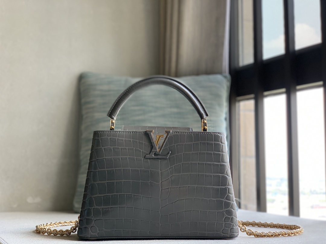 Louis Vuitton LV premium quality original cowhide official N81215 dark gray crocodile pattern woven gold buckle