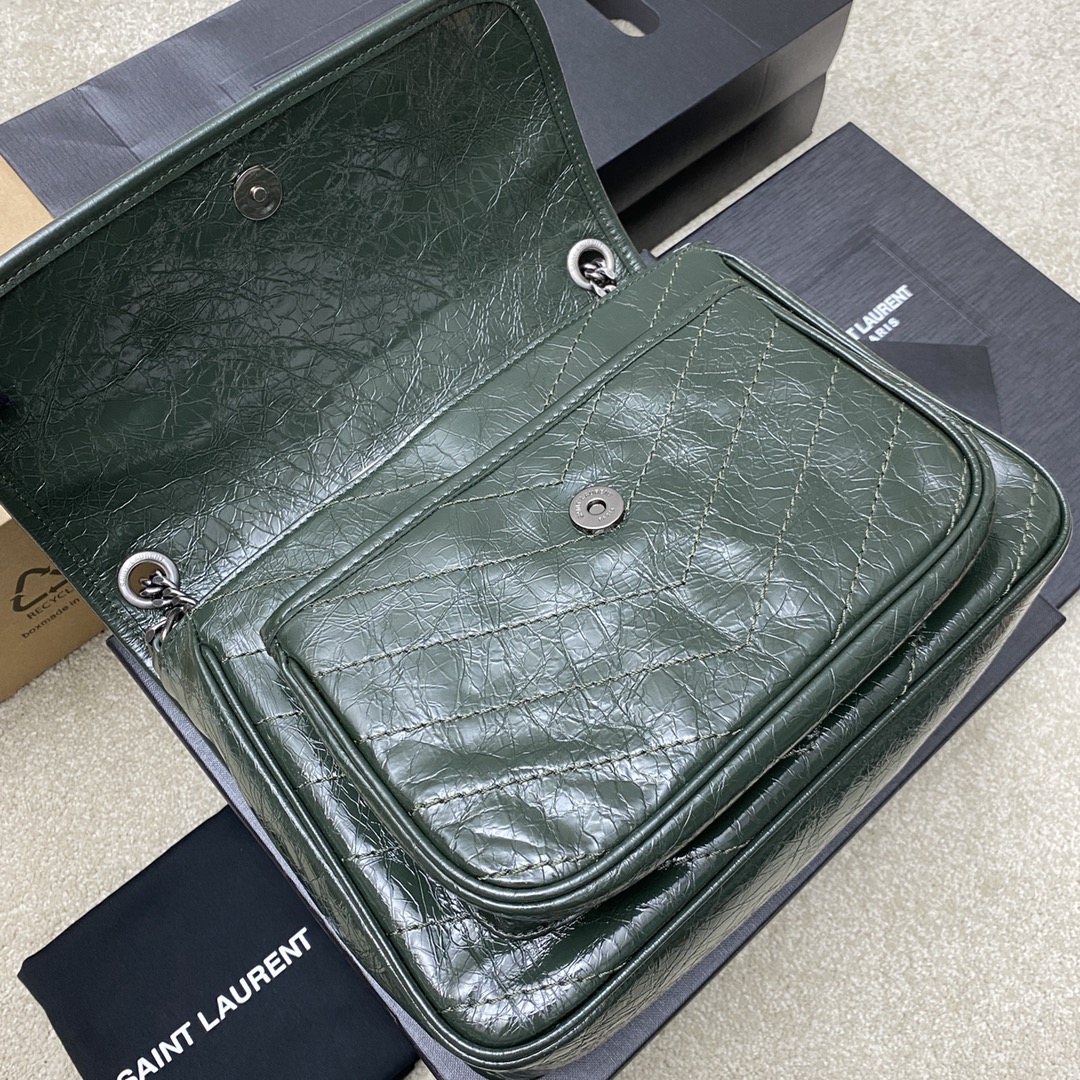 Saint Laurent 28cm油腊祖母绿/古银 NIKI 爆裂纹 超多明星 同款