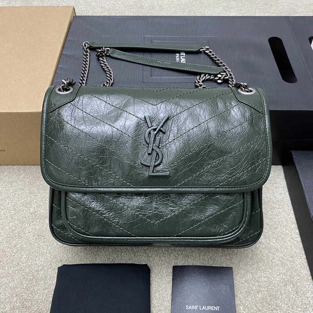 Saint Laurent 28cm油腊祖母绿/古银 NIKI 爆裂纹 超多明星 同款