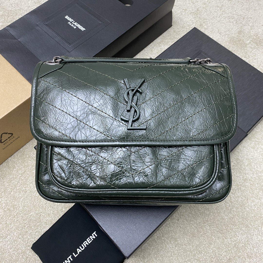 Saint Laurent 28cm油腊祖母绿/古银 NIKI 爆裂纹 超多明星 同款