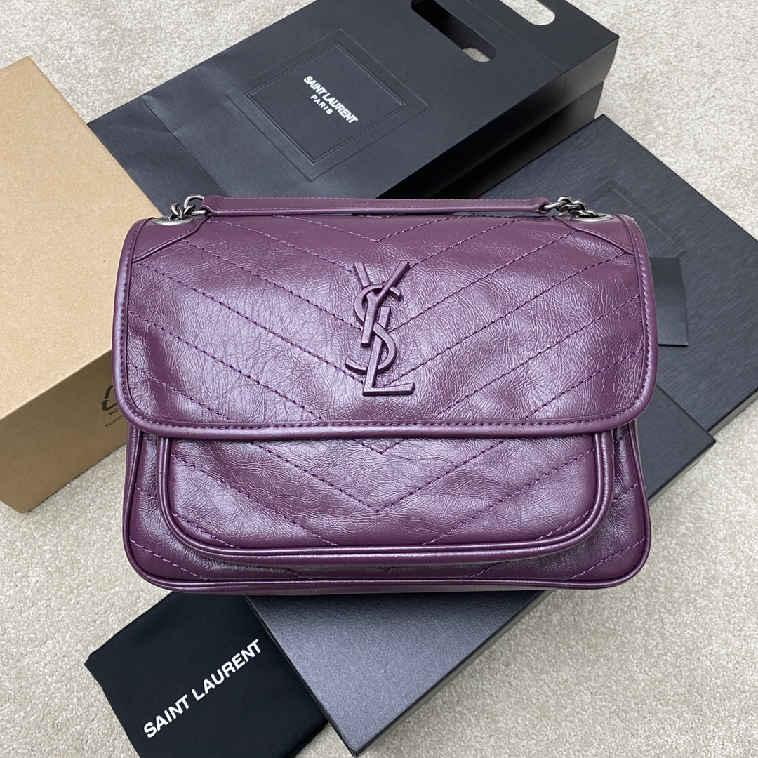 Saint Laurent 28cm油腊油蜡紫/古银 NIKI 爆裂纹 超多明星 同款