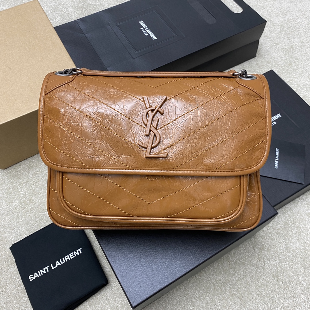 Saint Laurent 28cm油腊棕皮/古银 NIKI 爆裂纹 超多明星 同款