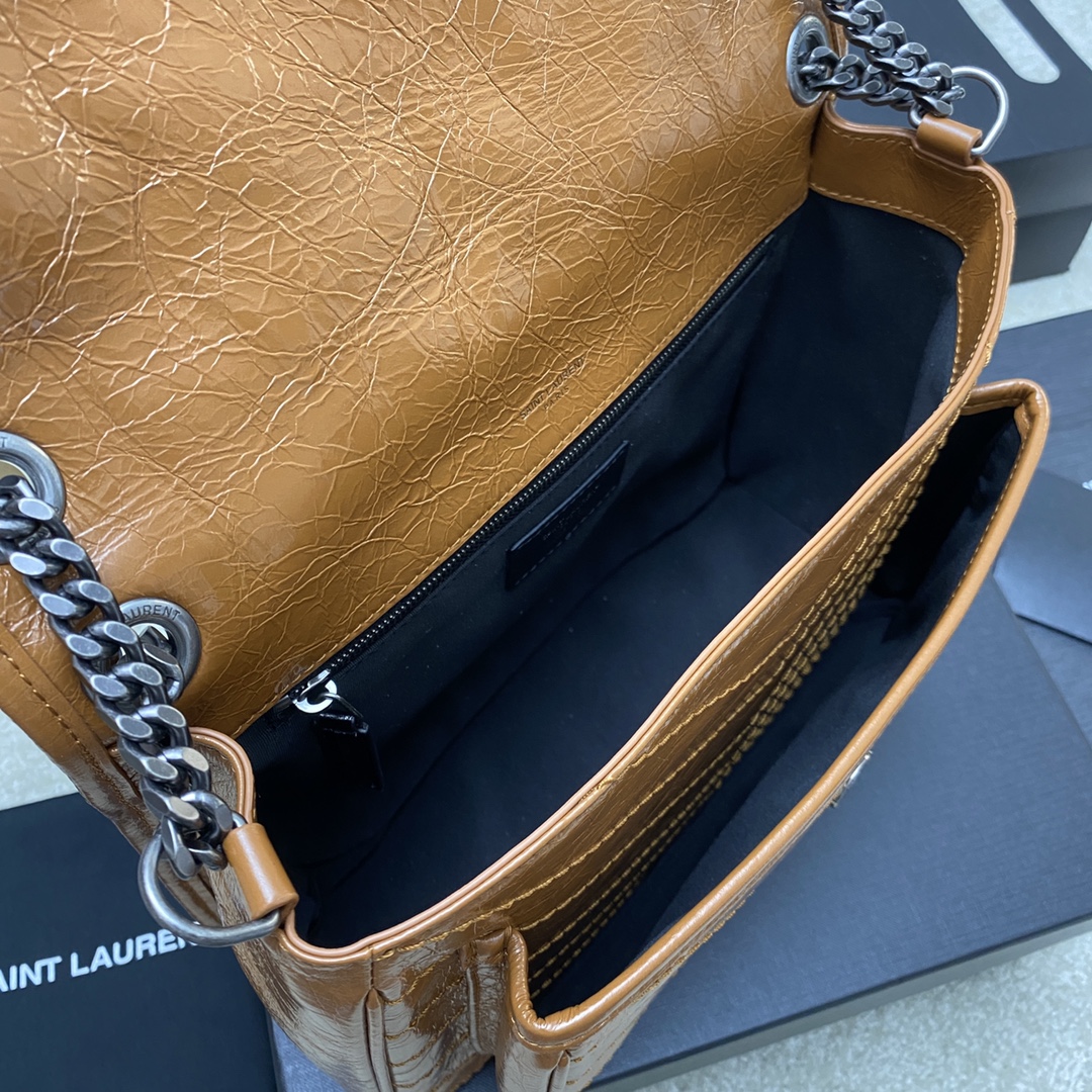 Saint Laurent 28cm油腊棕皮/古银 NIKI 爆裂纹 超多明星 同款