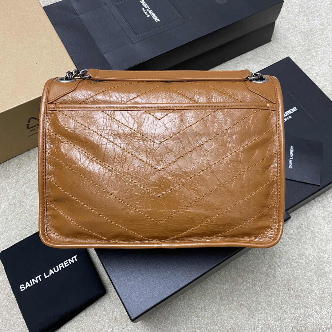 Saint Laurent 28cm油腊棕皮/古银 NIKI 爆裂纹 超多明星 同款
