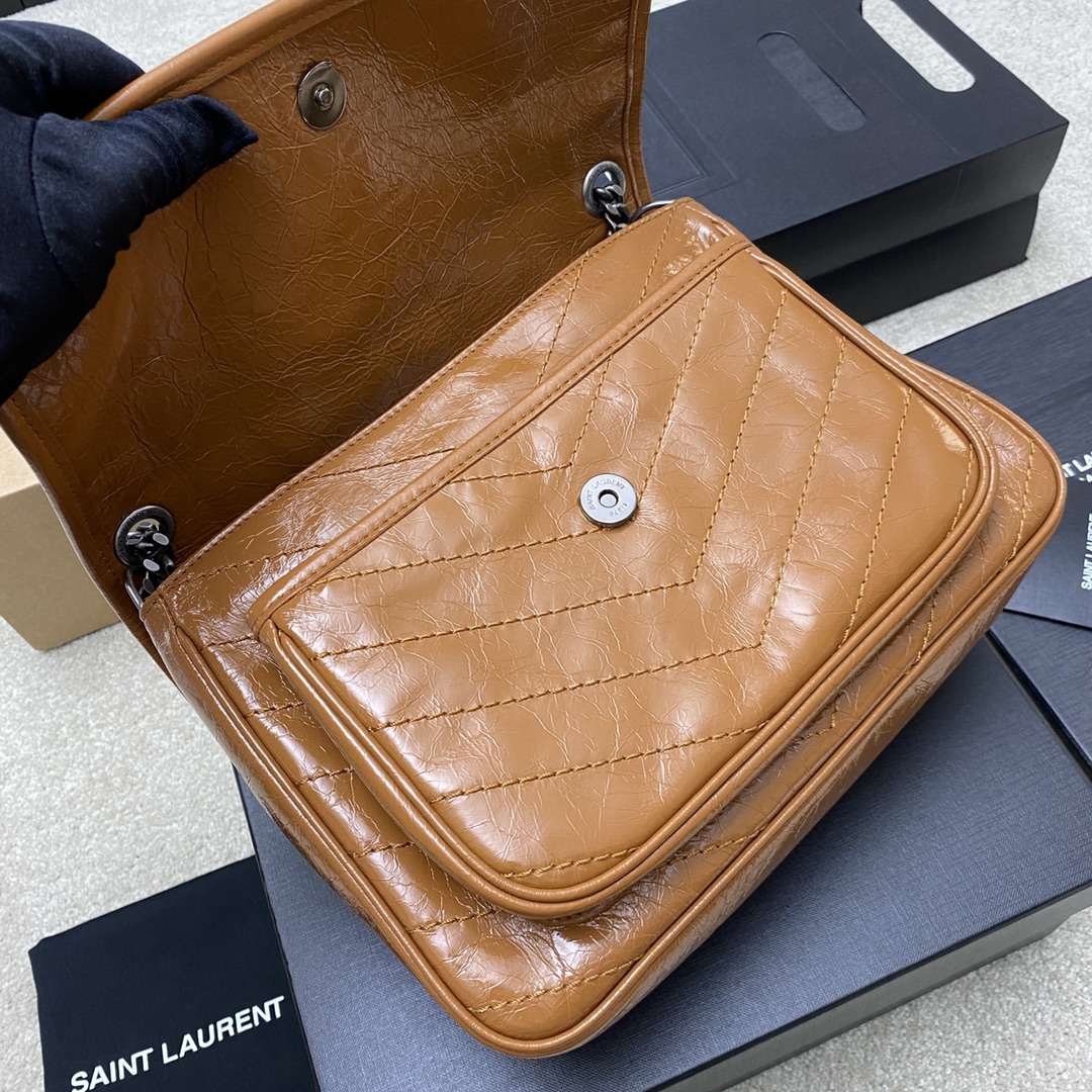 Saint Laurent 28cm油腊棕皮/古银 NIKI 爆裂纹 超多明星 同款