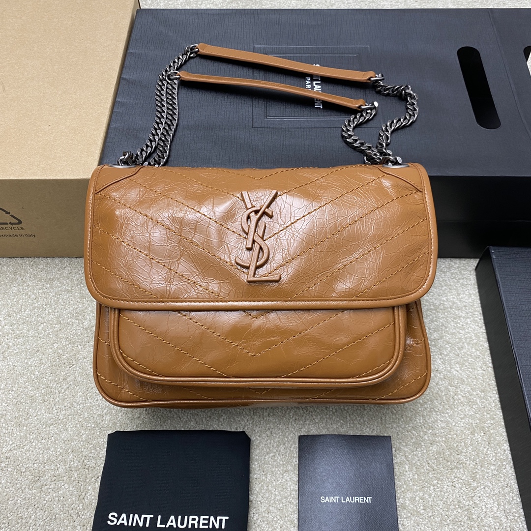 Saint Laurent 28cm油腊棕皮/古银 NIKI 爆裂纹 超多明星 同款