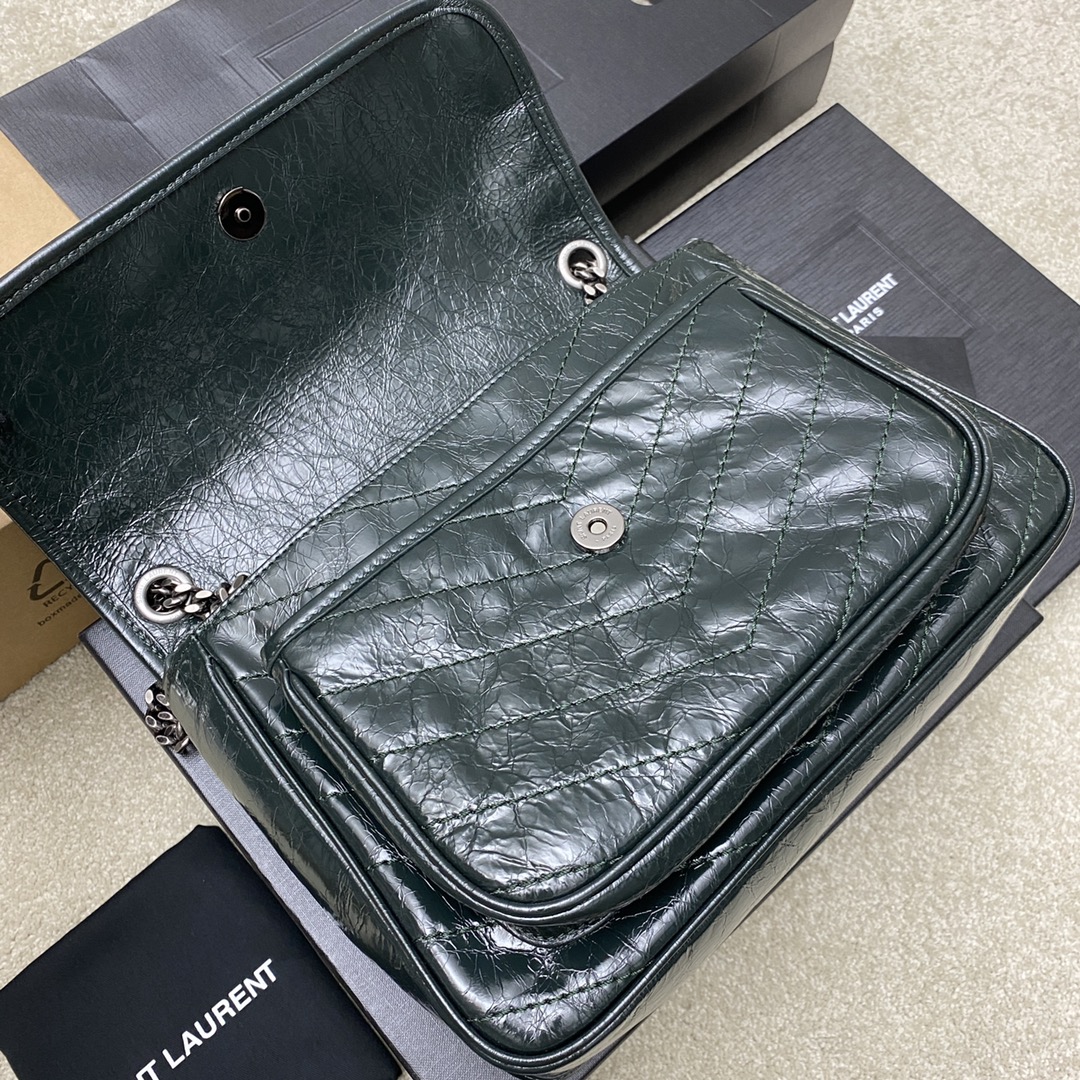 Saint Laurent 28cm油腊墨绿皮/古银 NIKI 爆裂纹 超多明星 同款