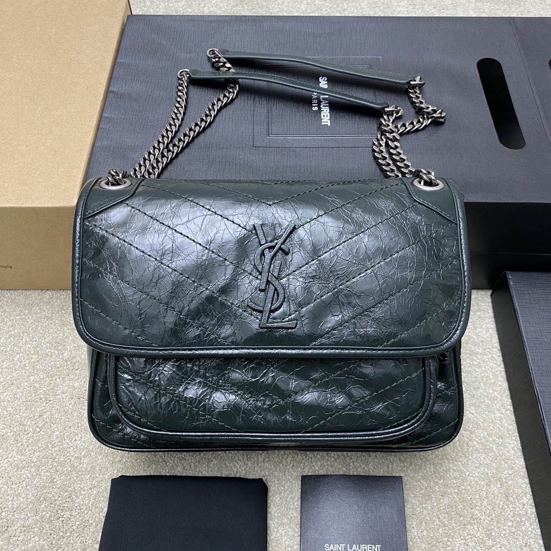Saint Laurent 28cm油腊墨绿皮/古银 NIKI 爆裂纹 超多明星 同款