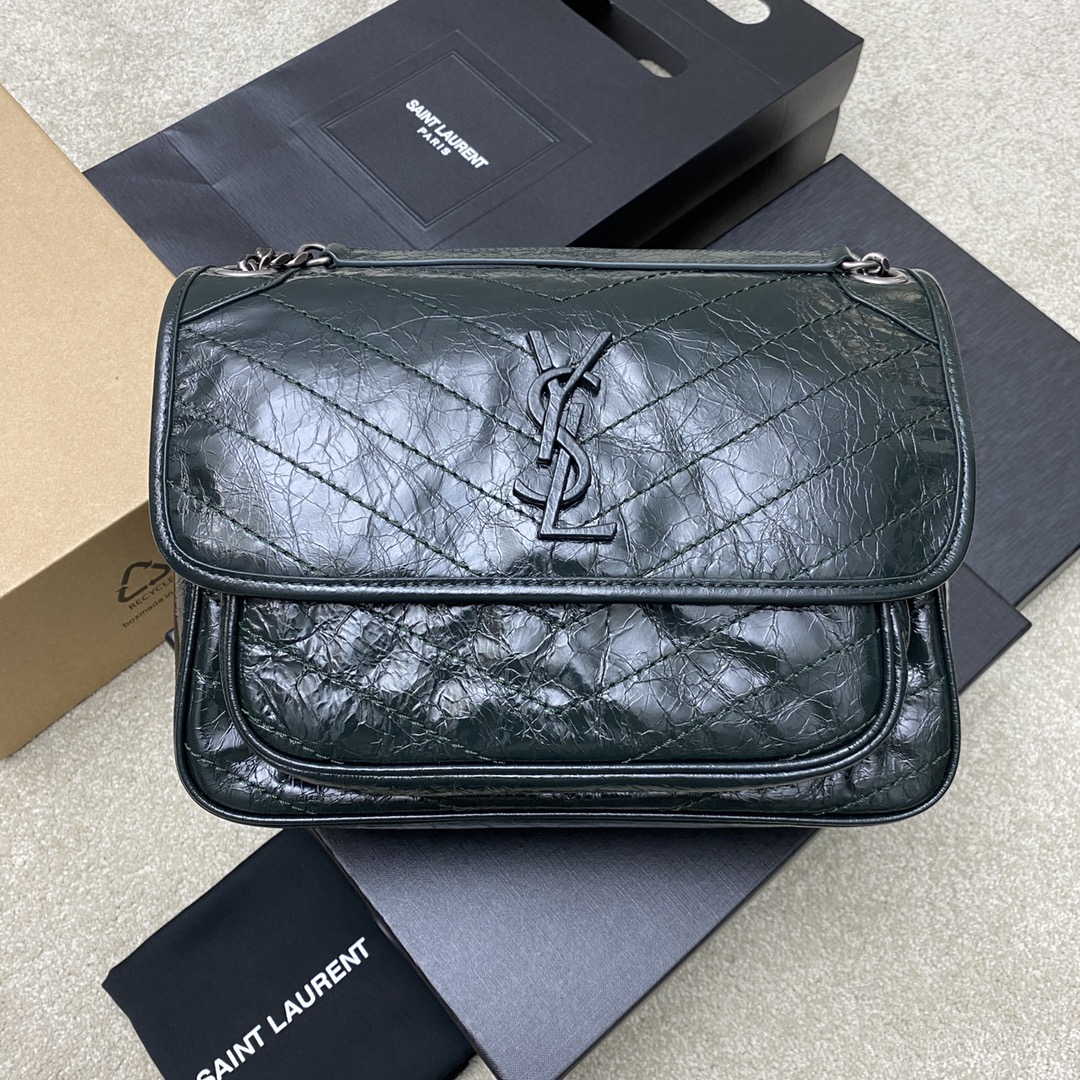 Saint Laurent 28cm油腊墨绿皮/古银 NIKI 爆裂纹 超多明星 同款