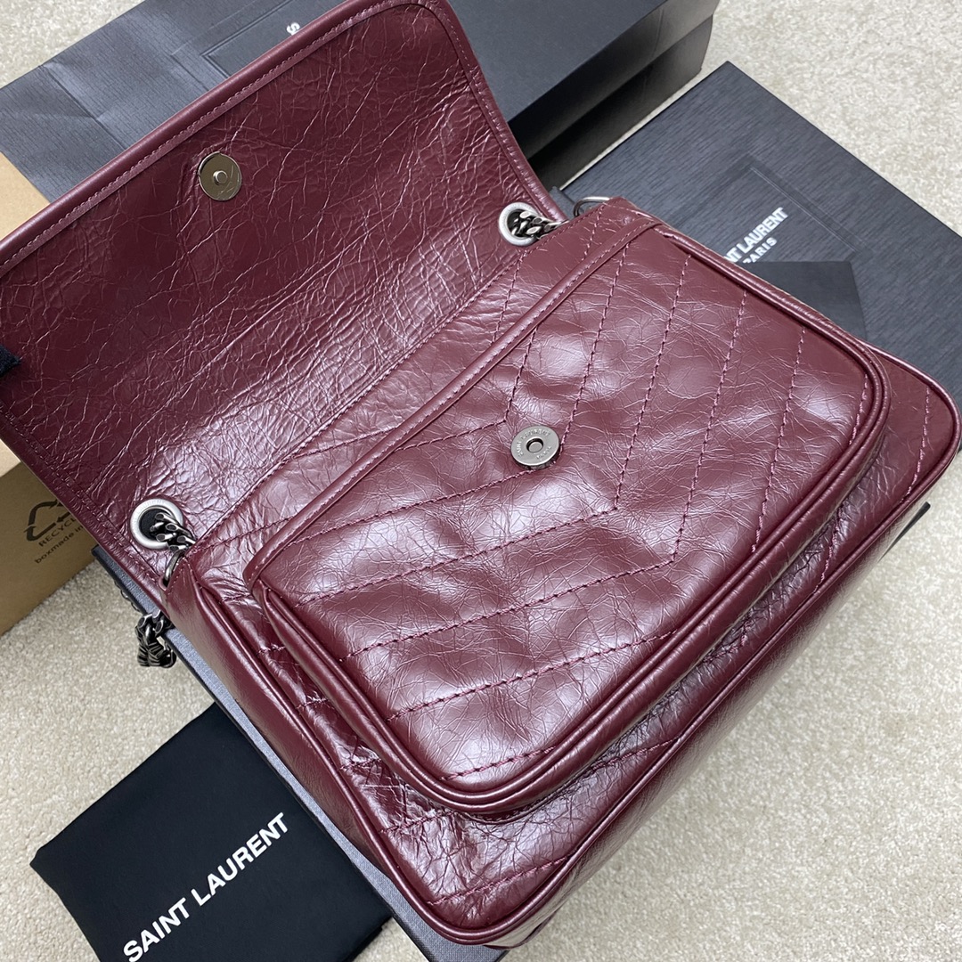 Saint Laurent 28cm油腊酒红/古银 NIKI 爆裂纹 超多明星 同款