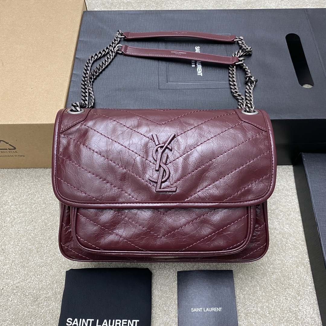 Saint Laurent 28cm油腊酒红/古银 NIKI 爆裂纹 超多明星 同款