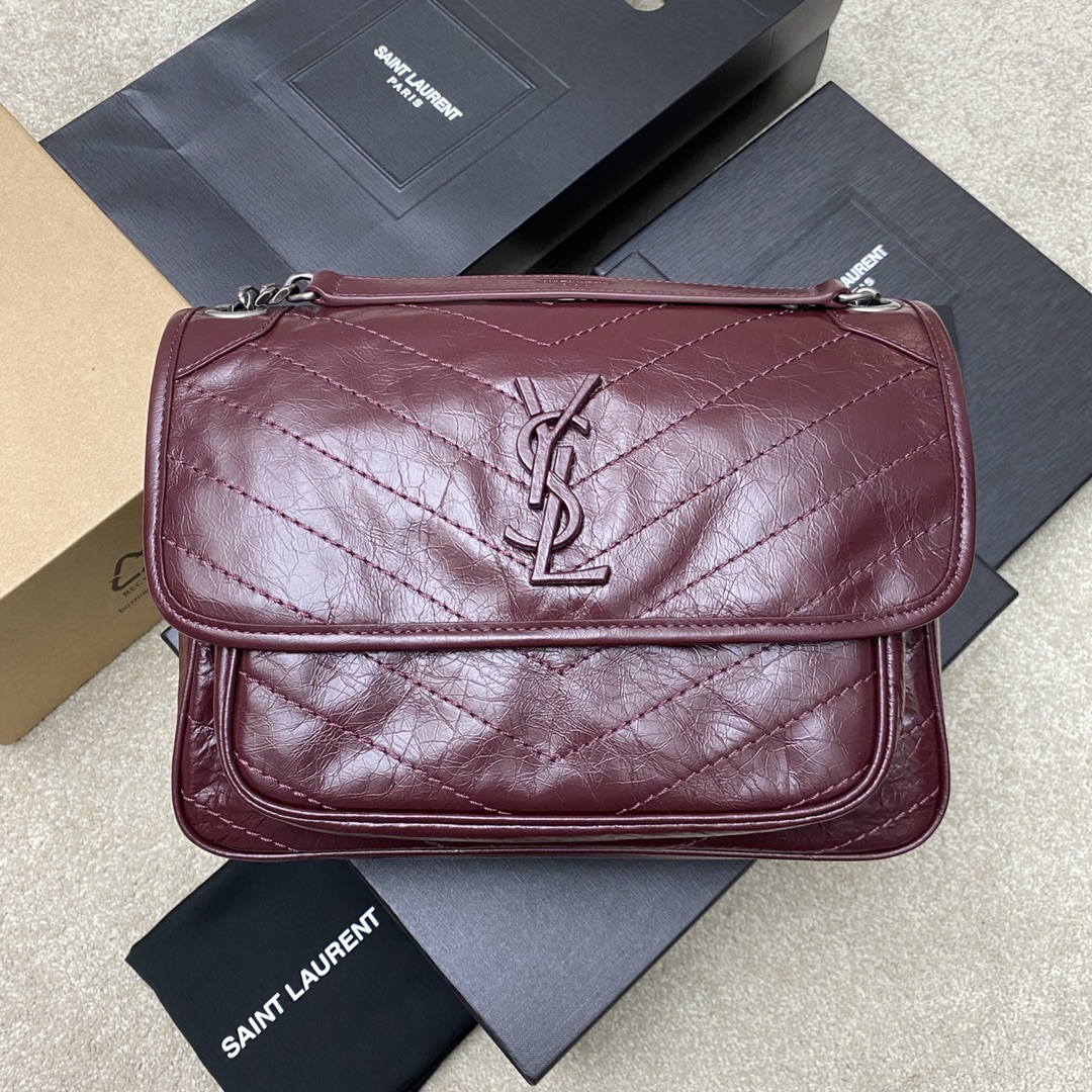 Saint Laurent 28cm油腊酒红/古银 NIKI 爆裂纹 超多明星 同款