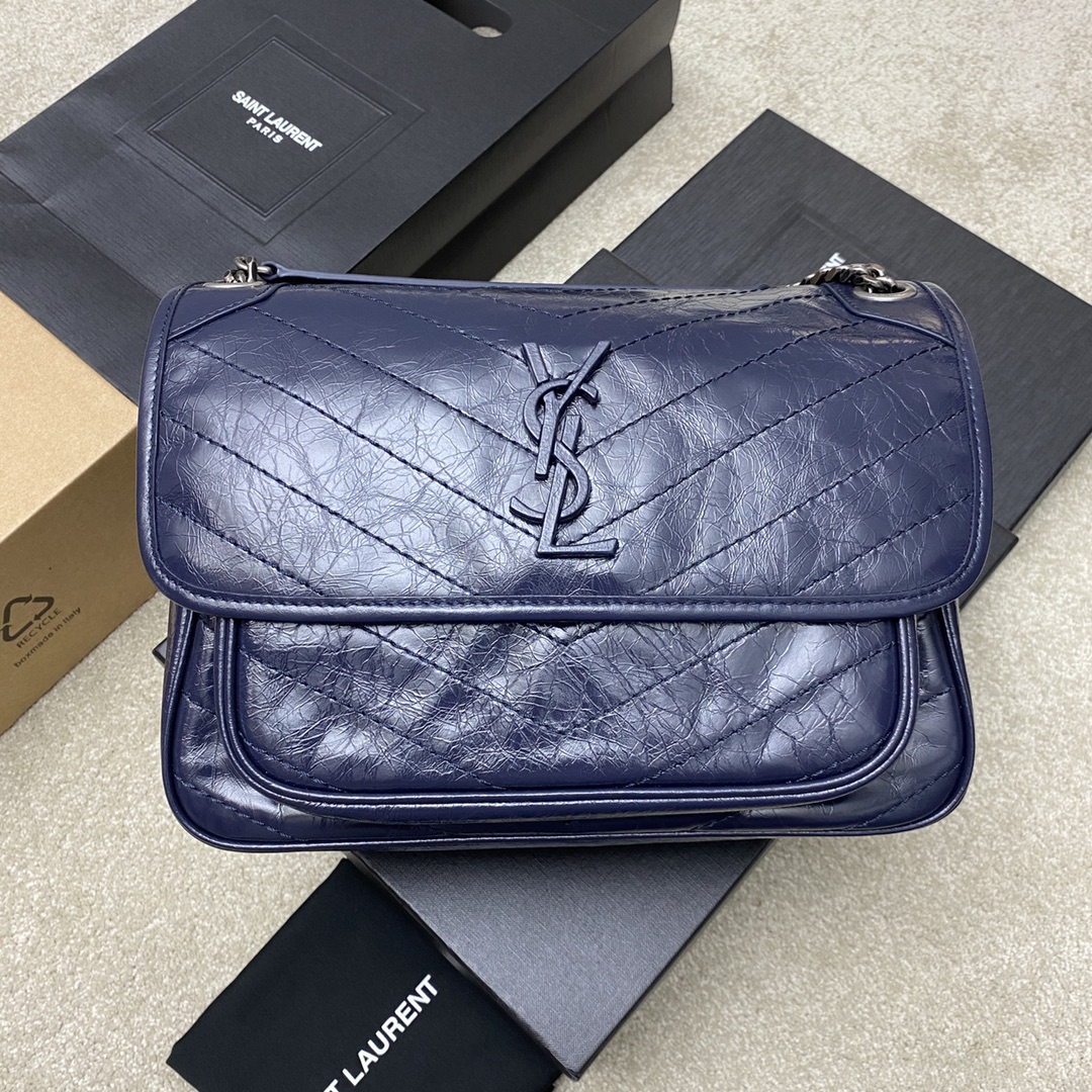 Saint Laurent 28cm油腊宝蓝/古银 NIKI 爆裂纹 超多明星 同款