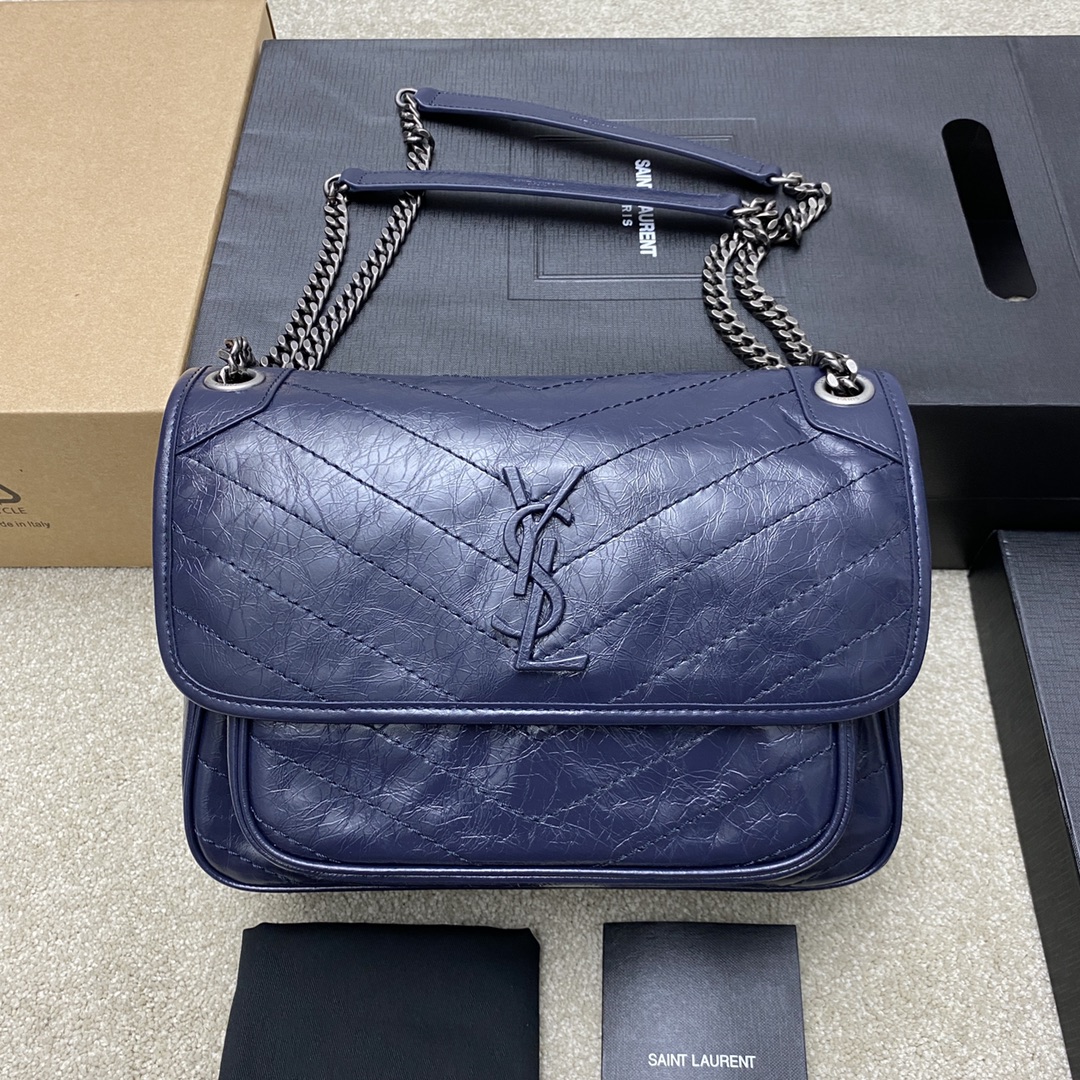 Saint Laurent 28cm油腊宝蓝/古银 NIKI 爆裂纹 超多明星 同款